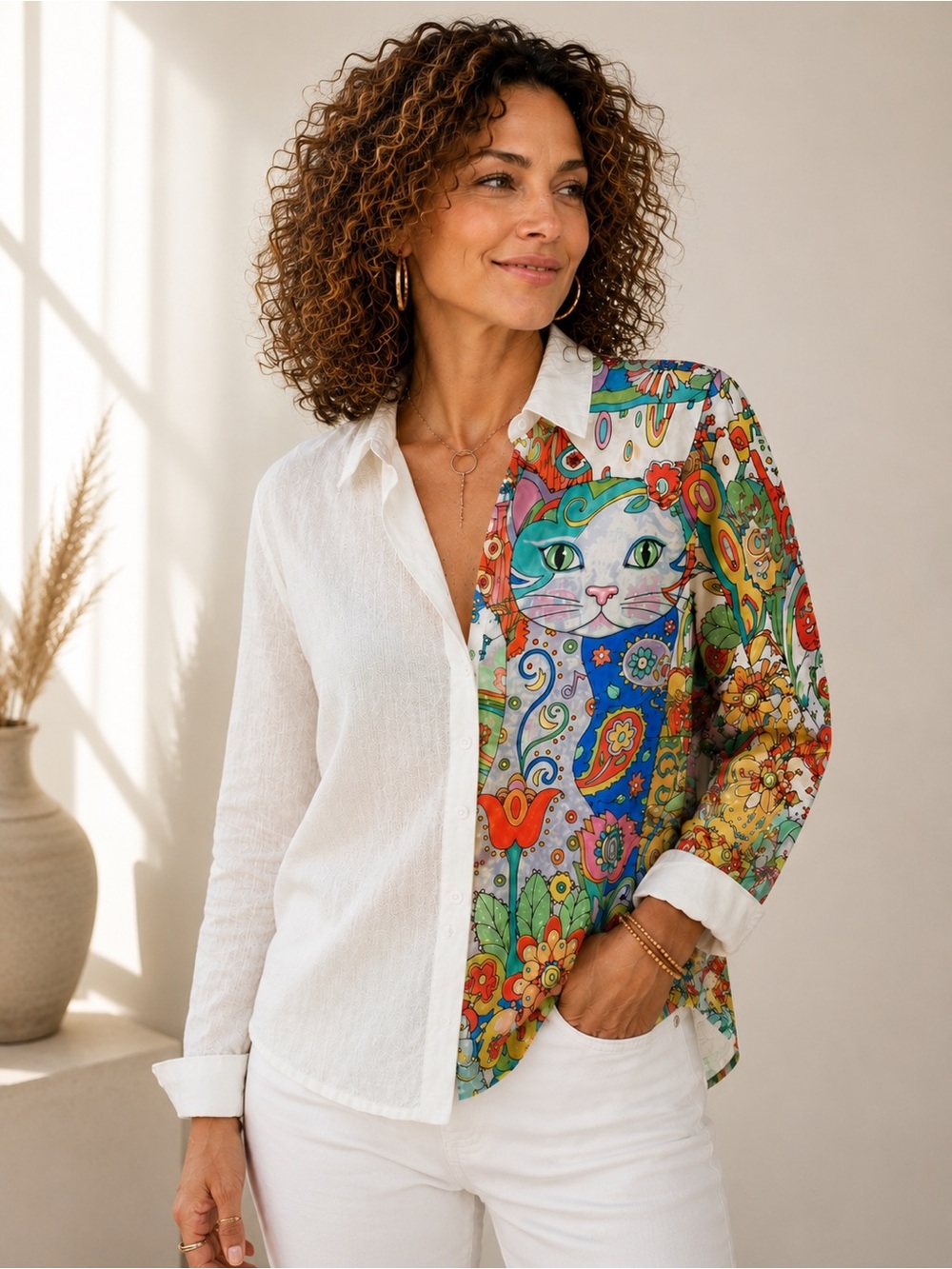 NWOT Art to Wear Colorblock Cat Print Button Up Blouse